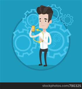 Young caucasian man showing his smartphone and smart watch. Concept of synchronization between smartwatch and smartphone. Vector flat design illustration in the circle isolated on background.. Synchronization between smartwatch and smartphone.