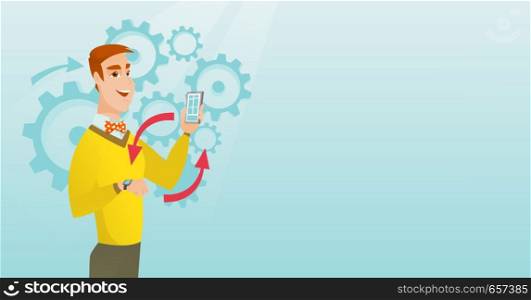 Young caucasian man showing his smartphone and smart watch on the background of cogwheels. Concept of synchronization between smartwatch and smartphone. Vector cartoon illustration. Horizontal layout.. Synchronization between smartwatch and smartphone.