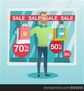 Young caucasian man showing shopping bags in front of shop window with sale sign. Hipster man standing on the background of shop window with text sale. Vector flat design illustration. Square layout.. Young caucasian man shopping on sale.