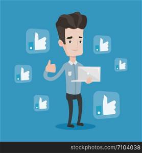 Young caucasian man showing thumb up and like social network buttons around him. Happy man with laptop and like social network buttons with thumb up. Vector flat design illustration. Square layout.. Man with thumb up and like social network buttons.