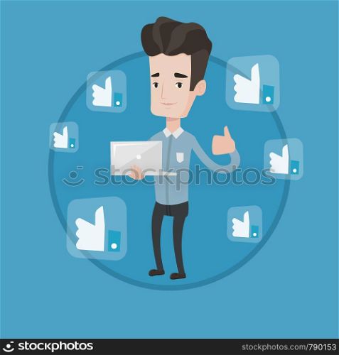 Young caucasian man showing thumb up and like social network buttons around him. Man with laptop and like social network buttons. Vector flat design illustration in the circle isolated on background.. Man with thumb up and like social network buttons.