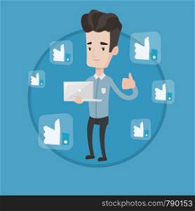 Young caucasian man showing thumb up and like social network buttons around him. Man with laptop and like social network buttons. Vector flat design illustration in the circle isolated on background.. Man with thumb up and like social network buttons.