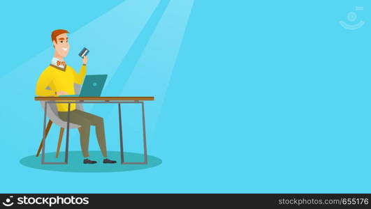 Young caucasian man sitting at the table with laptop and holding credit card in hand. Man using laptop for online shopping and paying by credit card. Vector flat design illustration. Horizontal layout. Young caucasian man paying online by credit card.