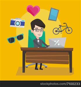 Young caucasian man sitting in front of laptop and some images of goods flying around him. Happy man doing online shopping. Man buying on internet. Vector flat design illustration. Square layout.. Man shopping online vector illustration.