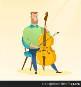 Young caucasian man sitting on a chair and playing the cello. Cellist playing classical music on the cello. Young hipster man with the cello and bow. Vector flat design illustration. Square layout.. Man playing the cello vector illustration.