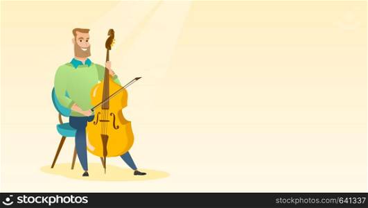 Young caucasian man sitting on a chair and playing the cello. Cellist playing classical music on the cello. Young hipster man with the cello and bow. Vector flat design illustration. Horizontal layout. Man playing the cello vector illustration.