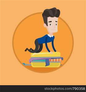 Young caucasian man sitting on suitcase and trying to close it. Frustrated man having problems with packing clothes in suitcase. Vector flat design illustration in the circle isolated on background.. Young man trying to close suitcase.