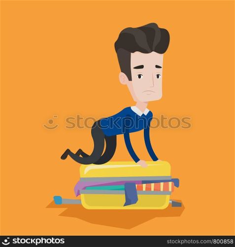 Young caucasian man sitting on suitcase and trying to close it. Frustrated man having problems with packing a lot of clothes into a single suitcase. Vector flat design illustration. Square layout.. Young man trying to close suitcase.