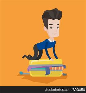 Young caucasian man sitting on suitcase and trying to close it. Frustrated man having problems with packing a lot of clothes into a single suitcase. Vector flat design illustration. Square layout.. Young man trying to close suitcase.