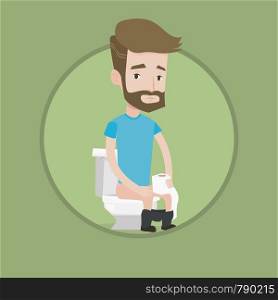 Young caucasian man sitting on toilet bowl with toilet paper roll and suffering from diarrhea. Hipster man sick with diarrhea. Vector flat design illustration in the circle isolated on background.. Man suffering from diarrhea or constipation.