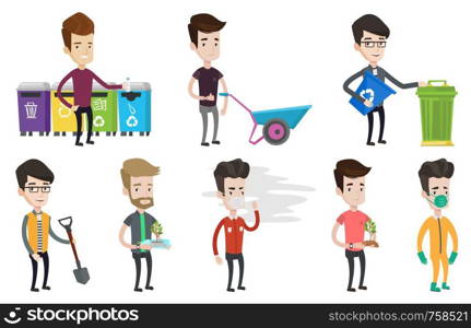 Young caucasian man standing in smoke pollution. Man wearing a mask to reduce the effect of air pollution. Concept of toxic air pollution. Set of vector flat illustrations isolated on white background. Vector set of characters on ecology issues.