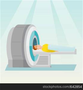 Young caucasian man undergoes a magnetic resonance imaging scan test. Magnetic resonance imaging machine scanning a patient. Vector flat design illustration. Square layout.. Magnetic resonance imaging vector illustration.