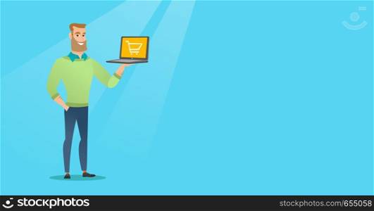 Young caucasian man using a laptop for shopping online. Happy man holding a laptop with a shopping trolley on screen. Man doing online shopping. Vector flat design illustration. Horizontal layout.. Man holding laptop with trolley on a screen.