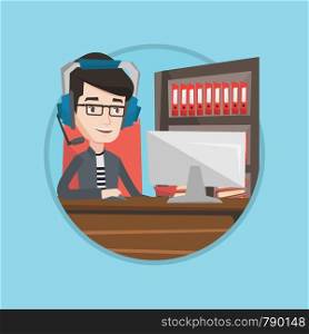Young caucasian man using computer for playing games. Happy smiling gamer in headphones playing online games on a computer. Vector flat design illustration in the circle isolated on background.. Man playing computer game vector illustration.
