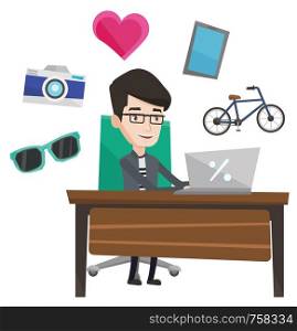 Young caucasian man using laptop for online shopping. Happy man doing online shopping. Man buying in online shop. Man making online order. Vector flat design illustration isolated on white background.. Man shopping online vector illustration.