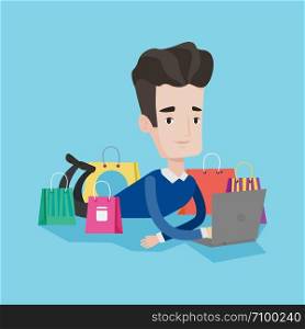Young caucasian man using laptop for shopping online. Smiling customer lying with laptop and shopping bags around him. Man doing online shopping. Vector flat design illustration. Square layout.. Man shopping online vector illustration.