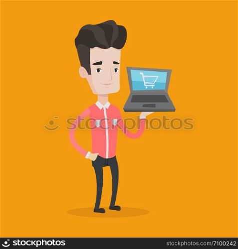 Young caucasian man using laptop for shopping online. Happy male customer holding laptop with shopping trolley on a screen. Man doing online shopping. Vector flat design illustration. Square layout.. Man shopping online vector illustration.