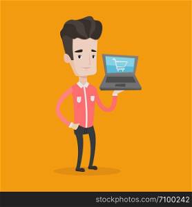Young caucasian man using laptop for shopping online. Happy male customer holding laptop with shopping trolley on a screen. Man doing online shopping. Vector flat design illustration. Square layout.. Man shopping online vector illustration.