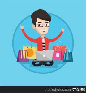 Young caucasian man using laptop for shopping online. Happy man sitting with shopping bags around him. Man doing online shopping. Vector flat design illustration in the circle isolated on background.. Man shopping online vector illustration.