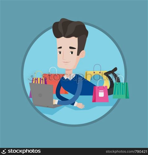 Young caucasian man using laptop for shopping online. Smiling man doing order in online store. Happy man doing online shopping. Vector flat design illustration in the circle isolated on background.. Man shopping online vector illustration.