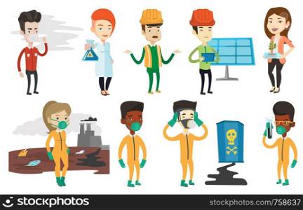Young caucasian man wearing mask to reduce the effect of traffic pollution. Concept of traffic pollution and air pollution. Set of vector flat design illustrations isolated on white background.. Vector set of characters on ecology issues.