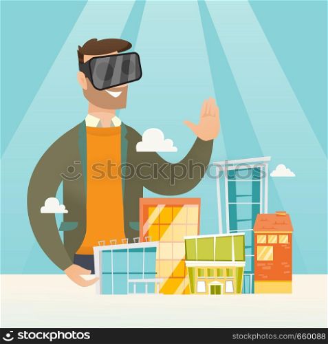 Young caucasian man wearing virtual reality headset and getting into vr world. Man developing project of the city architecture using virtual reality glasses. Vector cartoon illustration. Square layout. Caucasian man wearing virtual reality headset.