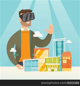 Young caucasian man wearing virtual reality headset and getting into vr world. Man developing project of the city architecture using virtual reality glasses. Vector cartoon illustration. Square layout. Caucasian man wearing virtual reality headset.