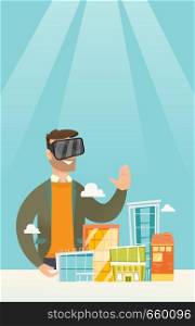 Young caucasian man wearing virtual reality headset and getting into vr world. Man developing project of city architecture using virtual reality glasses. Vector cartoon illustration. Vertical layout.. Caucasian man wearing virtual reality headset.