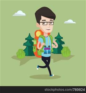 Young caucasian man with backpack and binoculars walking outdoor. Cheerful man hiking in the forest during summer trip. Backpacker traveling in nature. Vector flat design illustration. Square layout.. Man with backpack hiking vector illustration.
