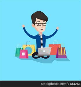 Young caucasian man with hands up using laptop for shopping online. Happy customer sitting with shopping bags around him. Man doing online shopping. Vector flat design illustration. Square layout.. Man shopping online vector illustration.