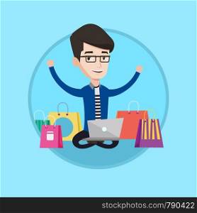 Young caucasian man with hands up using laptop for shopping online. Man doing order in online store. Man doing online shopping. Vector flat design illustration in the circle isolated on background.. Man shopping online vector illustration.