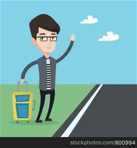 Young caucasian man with suitcase hitchhiking on roadside. Hitchhiking man trying to stop a car on a highway. Man catching taxi car by waving hand. Vector flat design illustration. Square layout.. Young man hitchhiking vector illustration.
