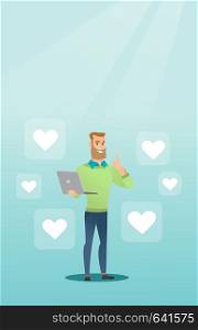 Young caucasian man with thumb up standing around buttons of social media in the shape of heart. Hipster man with beard using laptop with heart icons. Vector flat design illustration. Vertical layout.. Man with laptop and heart icons.