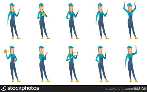 Young caucasian mechanic giving thumb up. Full length of smiling mechanic with thumb up. Cheerful mechanic showing thumb up. Set of vector flat design illustrations isolated on white background.. Vector set of mechanic characters.