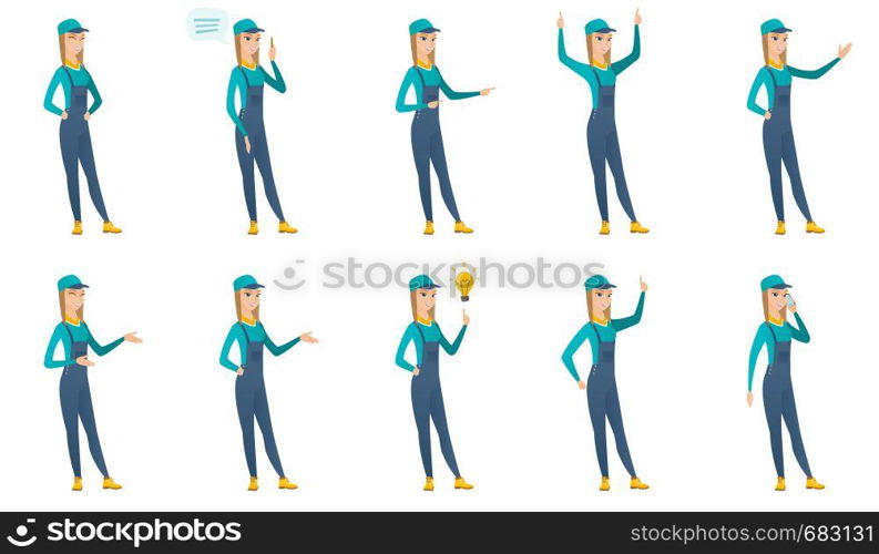 Young caucasian mechanic laughing. Mechanic laughing with hands on her stomach. Mechanic laughing with closed eyes and open mouth. Set of vector flat design illustrations isolated on white background.. Vector set of mechanic characters.