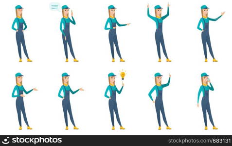 Young caucasian mechanic laughing. Mechanic laughing with hands on her stomach. Mechanic laughing with closed eyes and open mouth. Set of vector flat design illustrations isolated on white background.. Vector set of mechanic characters.