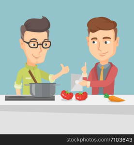 Young caucasian men following recipe for healthy vegetable meal on digital tablet. Friends cooking healthy meal. Friends having fun cooking together. Vector flat design illustration. Square layout.. Men cooking healthy vegetable meal.