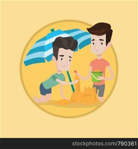 Young caucasian men making sand castle on the beach under beach umbrella. Happy friends building sandcastle. Beach holiday concept. Vector flat design illustration in the circle isolated on background. Male friends building sandcastle on beach.
