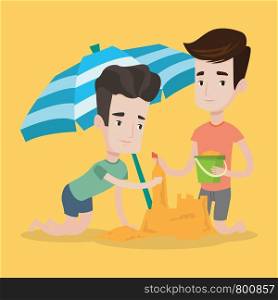 Young caucasian men making sand castle on the beach under beach umbrella. Smiling friends building sandcastle. Tourism and beach holiday concept. Vector flat design illustration. Square layout.. Male friends building sandcastle on beach.