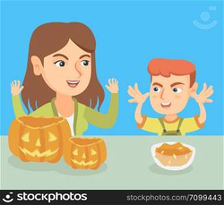 Young caucasian mother and her son carving pumpkins and preparing for Halloween. Cheerful mother and son cutting pumpkins for Halloween and making grimaces. Vector cartoon illustration. Square layout.. Mother and son carving pumpkins for Halloween.
