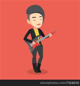 Young caucasian musician playing electric guitar. Woman practicing in playing guitar. Female guitarist with her eyes closed playing music on guitar. Vector flat design illustration. Square layout.. Woman playing electric guitar vector illustration.