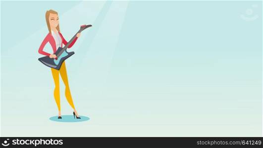 Young caucasian musician playing the electric guitar. Woman practicing in playing the guitar. Guitarist with closed eyes playing music on the guitar. Vector flat design illustration. Horizontal layout. Woman playing the electric guitar.