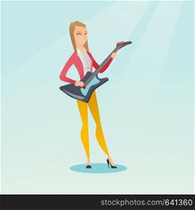 Young caucasian musician playing the electric guitar. Woman practicing in playing the guitar. Guitarist with closed eyes playing music on the guitar. Vector flat design illustration. Square layout.. Woman playing the electric guitar.