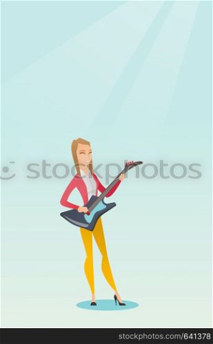 Young caucasian musician playing the electric guitar. Woman practicing in playing the guitar. Guitarist with closed eyes playing music on the guitar. Vector flat design illustration. Vertical layout.. Woman playing the electric guitar.
