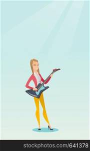 Young caucasian musician playing the electric guitar. Woman practicing in playing the guitar. Guitarist with closed eyes playing music on the guitar. Vector flat design illustration. Vertical layout.. Woman playing the electric guitar.