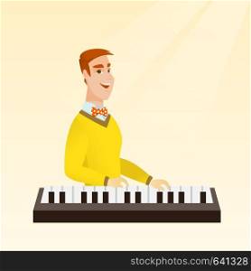 Young caucasian musician playing the piano. Smiling pianist playing the upright piano. Happy musician playing the synthesizer. Vector flat design illustration. Square layout.. Man playing the piano vector illustration.
