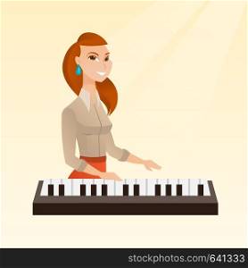Young caucasian musician playing the piano. Smiling pianist playing the upright piano. Happy musician playing the synthesizer. Vector flat design illustration. Square layout.. Woman playing the piano vector illustration.