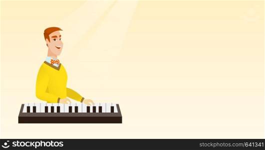 Young caucasian musician playing the piano. Smiling pianist playing the upright piano. Happy musician playing the synthesizer. Vector flat design illustration. Horizontal layout.. Man playing the piano vector illustration.