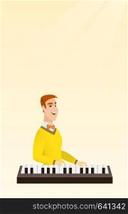 Young caucasian musician playing the piano. Smiling pianist playing the upright piano. Happy musician playing the synthesizer. Vector flat design illustration. Vertical layout.. Man playing the piano vector illustration.
