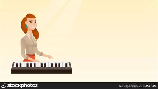 Young caucasian musician playing the piano. Smiling pianist playing the upright piano. Happy musician playing the synthesizer. Vector flat design illustration. Horizontal layout.. Woman playing the piano vector illustration.